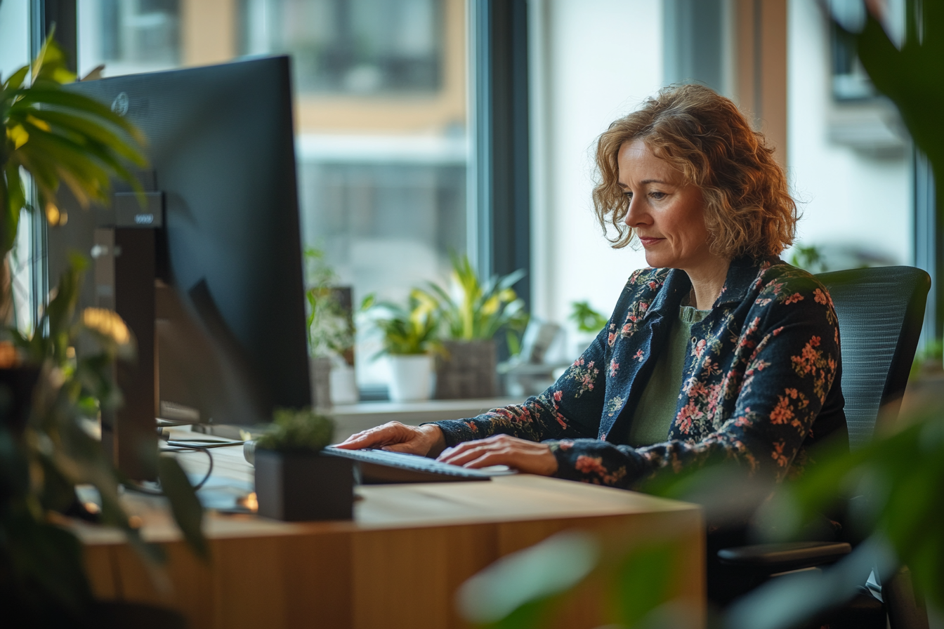 A woman is typing on a computer 