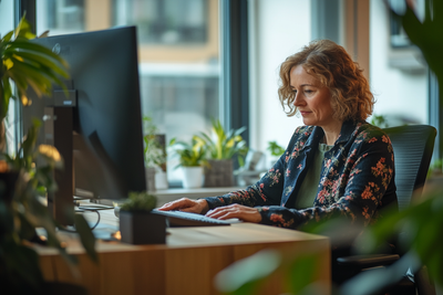 A woman is typing on a computer 