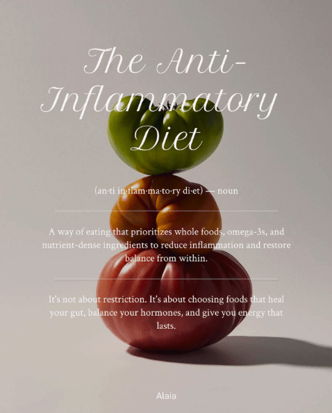 Stack of fruits with text about the Anti-Inflammatory Diet on a gray background