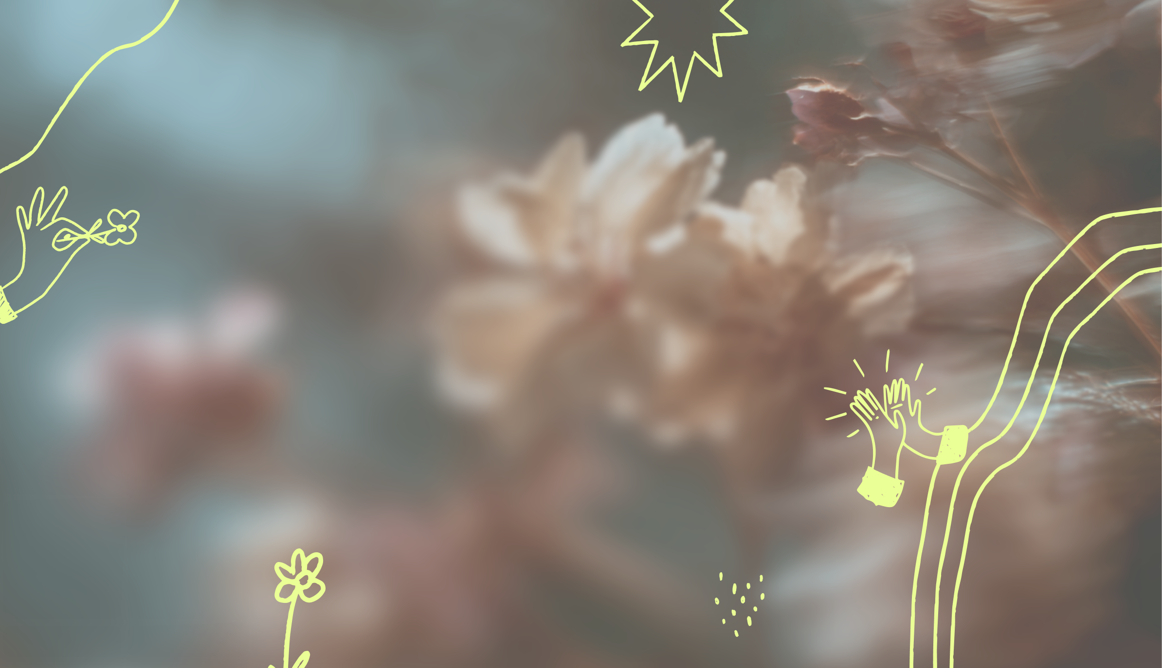 Blurred flowers with yellow line art elements on a dark background