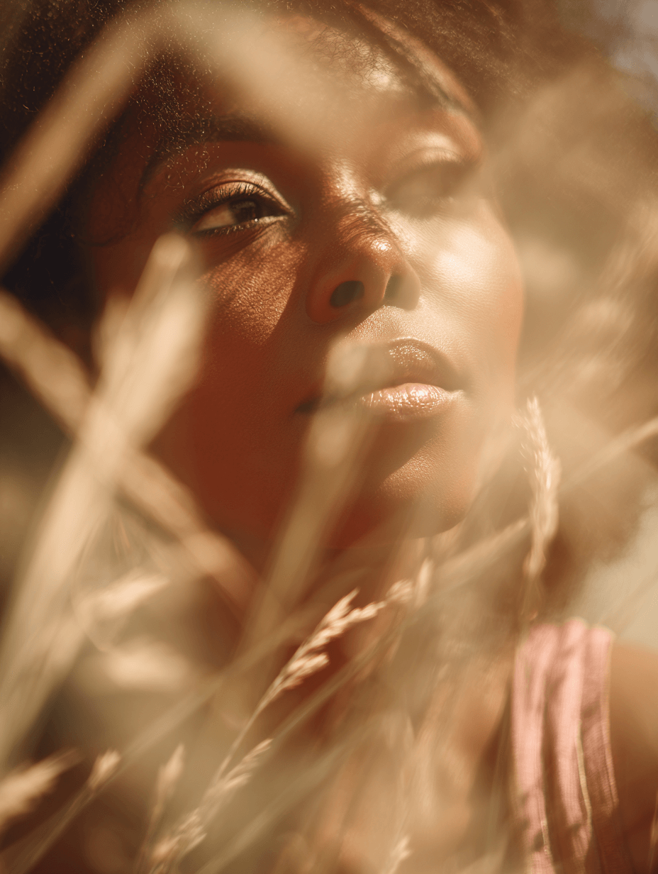 Close-up of a woman's face with a warm, sunlit glow