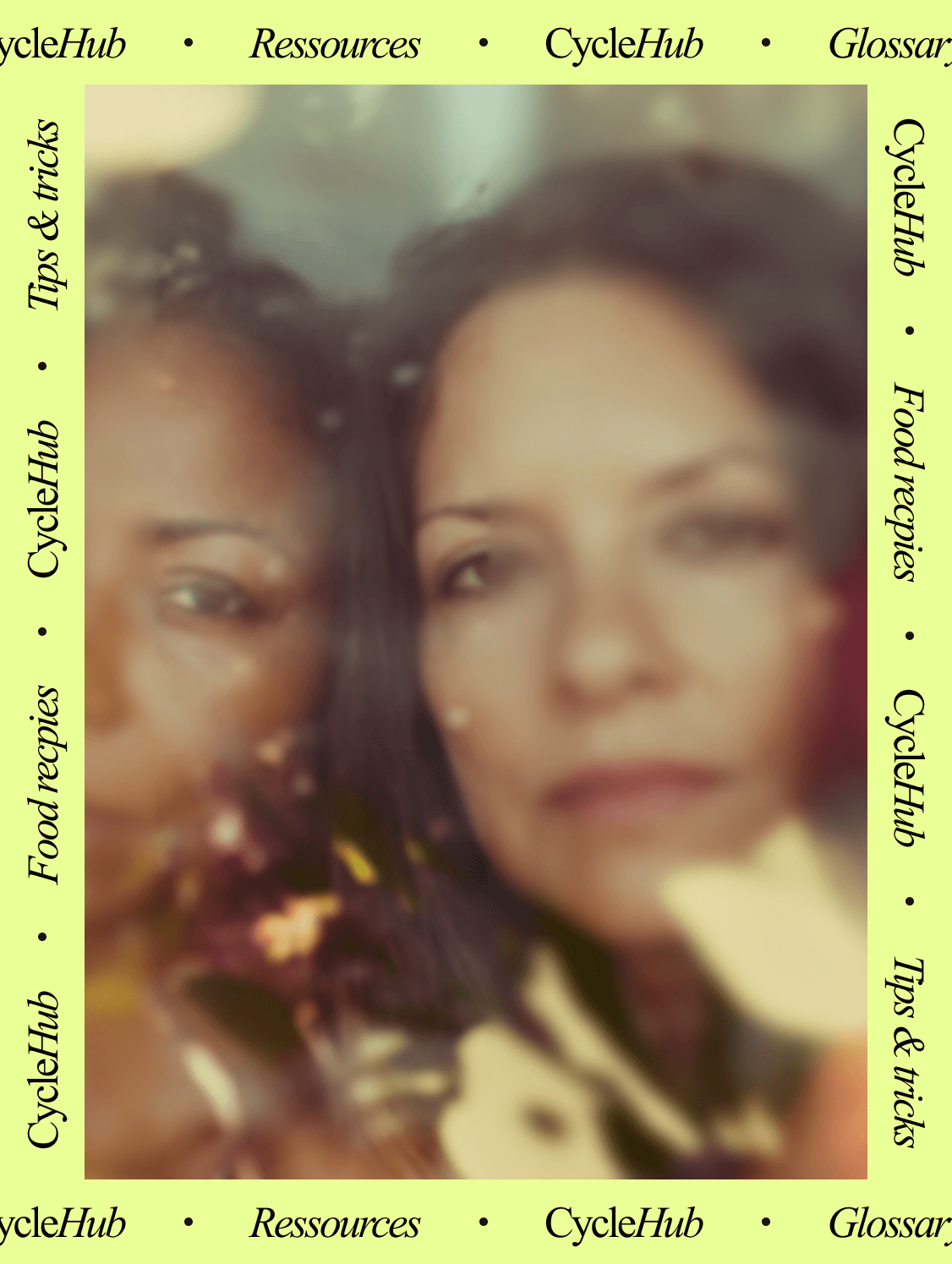 Two women with a yellow border and 'CycleHub' text overlay