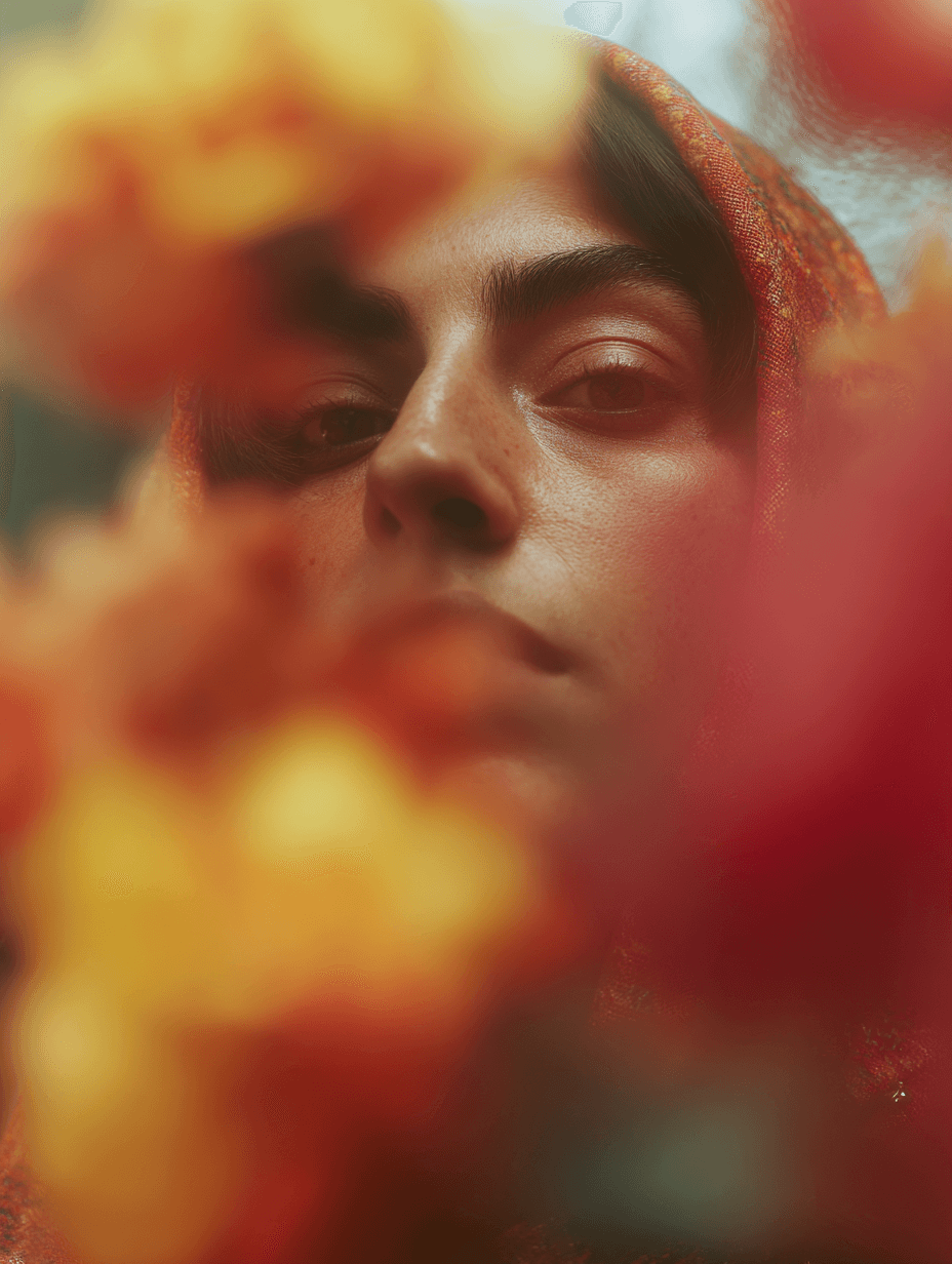 A portrait of an iranian women behind flowers