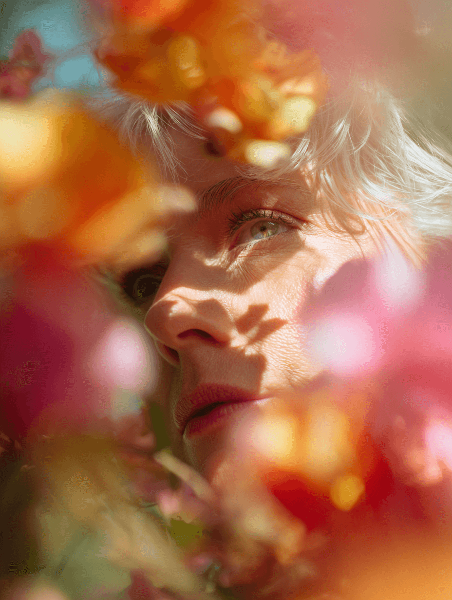 A portrait of an old woman behind flowers