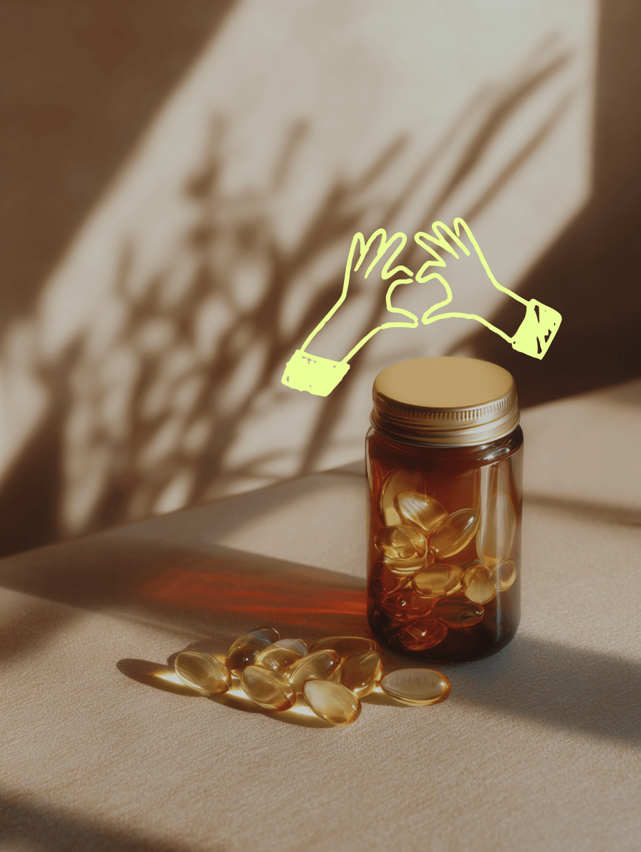 Jar of supplements with scattered capsules on a beige surface, illuminated by natural light.